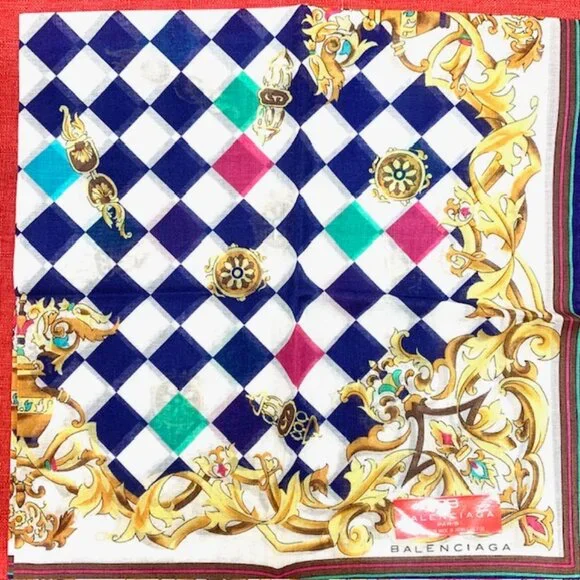 New Balanciaga handkerchief 18 cotton white green red checker gold decorate(97